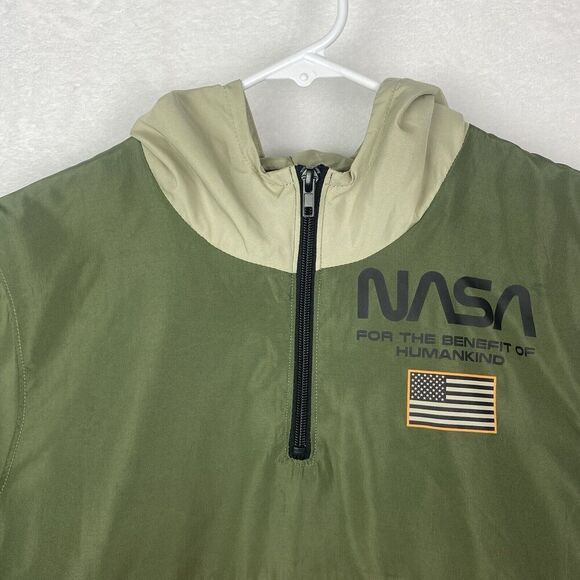 JEM Nasa Windbreaker Youth Extra Large Green Hooded Kangaroo Lightweight Pocket - Picture 3 of 7